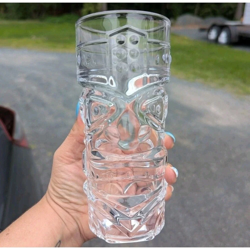 Tropical Tiki Bar Clear Glass‎ Highball Tumblers Set of 2 14 Oz w/ Metal Straw